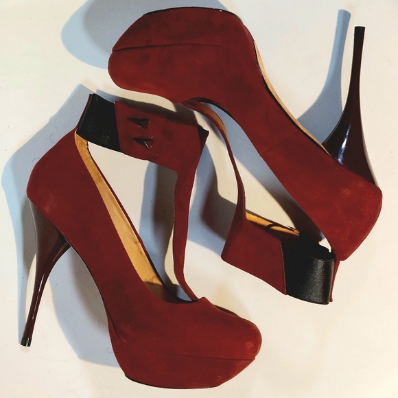 L.A.M.B. Burgundy suede Blade T-strap stiletto platform pumps, 9.5, never worn - Picture 9 of 16
